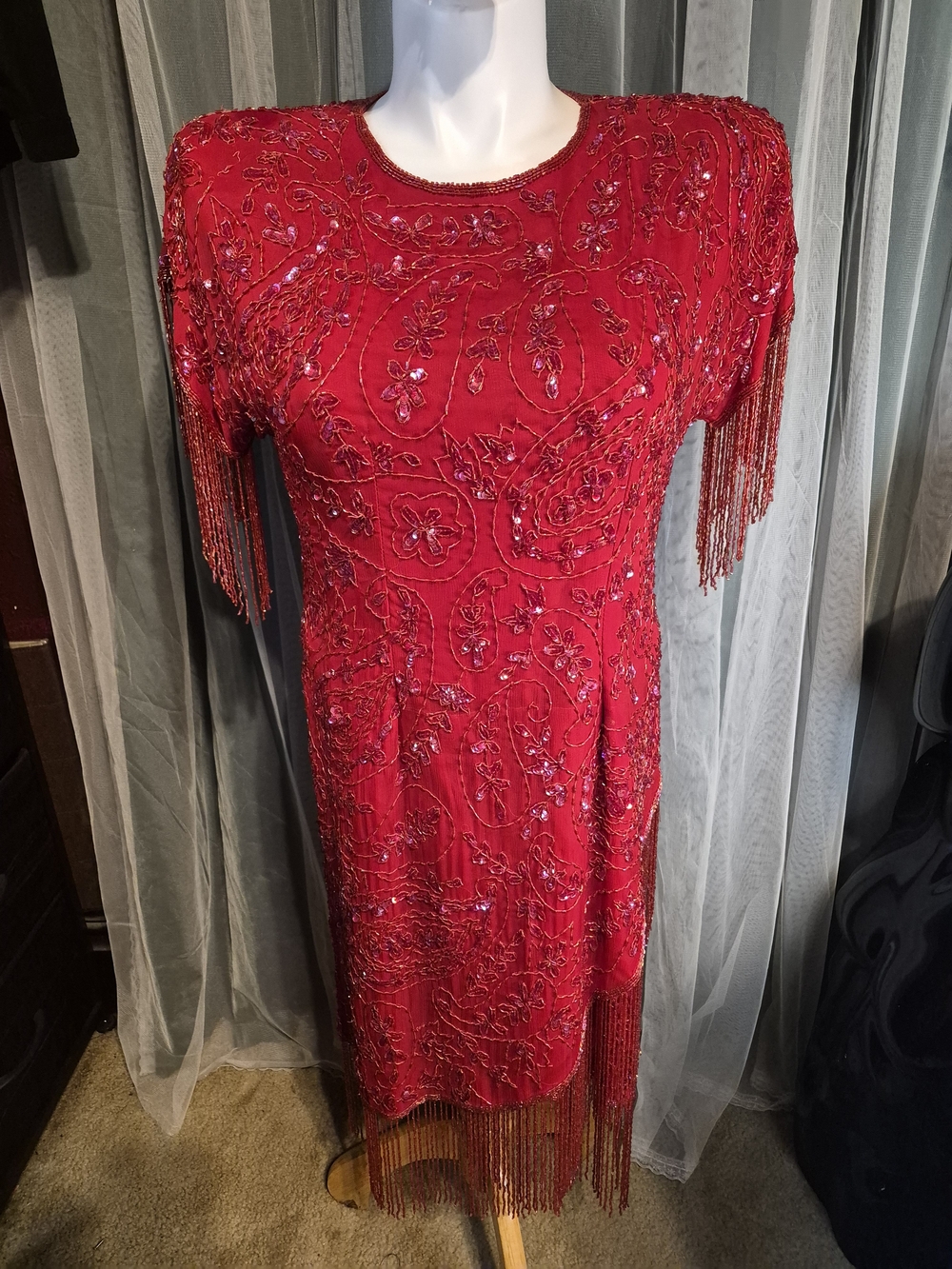 vintage 1980s red silk beaded and sequined cocktail dress with fringe details,